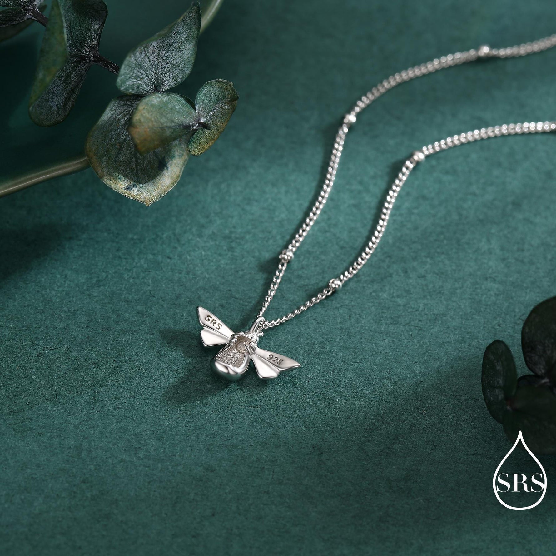 Tiny Bumble Bee Pendant Necklace in Sterling Silver, Silver or Gold, Beaded Chain, Satellite Chain, Nature Inspired Animal Jewellery