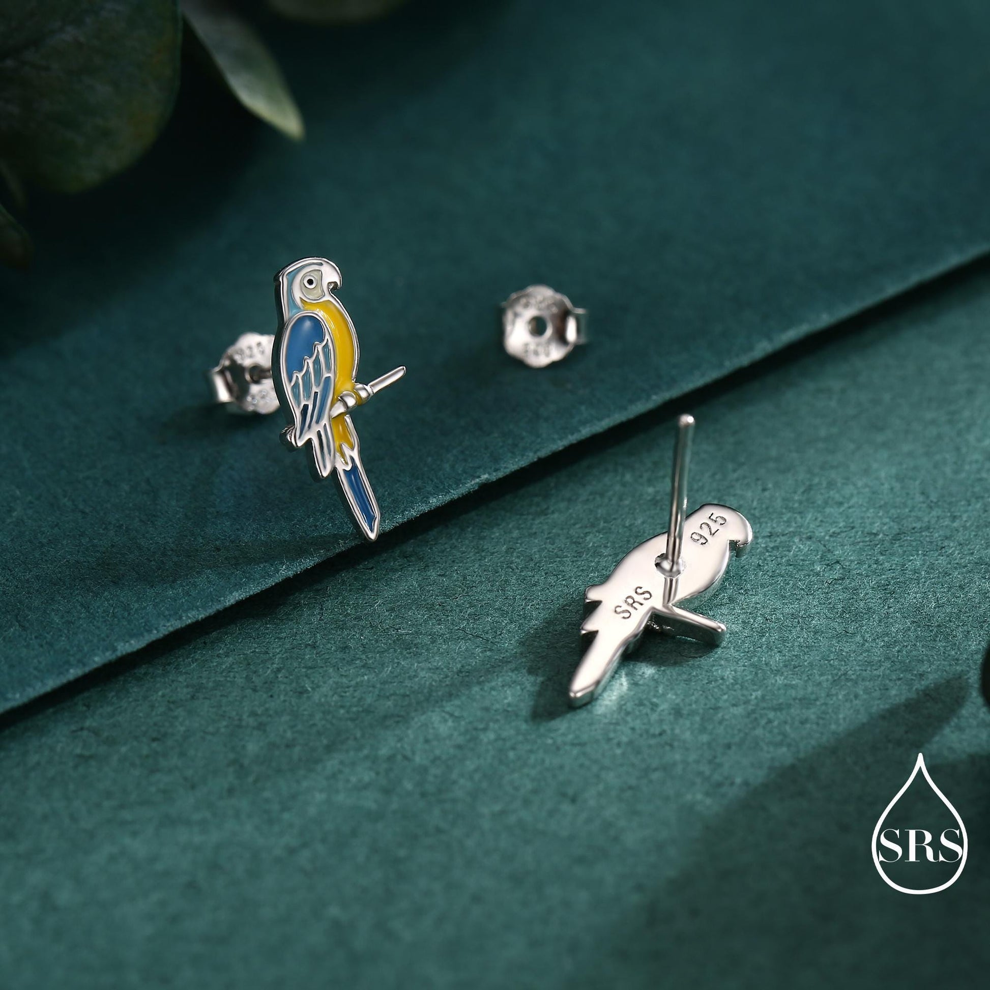 Blue-and-yellow Macaw Parrot Bird Stud Earrings in Sterling Silver, Silver or Gold, British Bird Earrings, Nature Inspired Animal Earrings