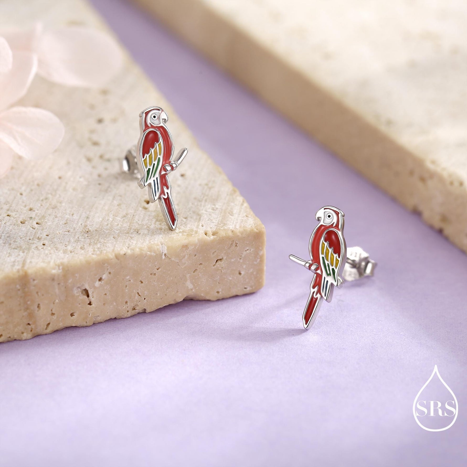 Scarlet Macaw Parrot Bird Stud Earrings in Sterling Silver, Silver or Gold, Bird Earrings, Nature Inspired Animal Earrings