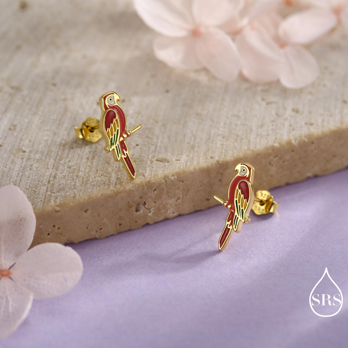 Scarlet Macaw Parrot Bird Stud Earrings in Sterling Silver, Silver or Gold, Bird Earrings, Nature Inspired Animal Earrings