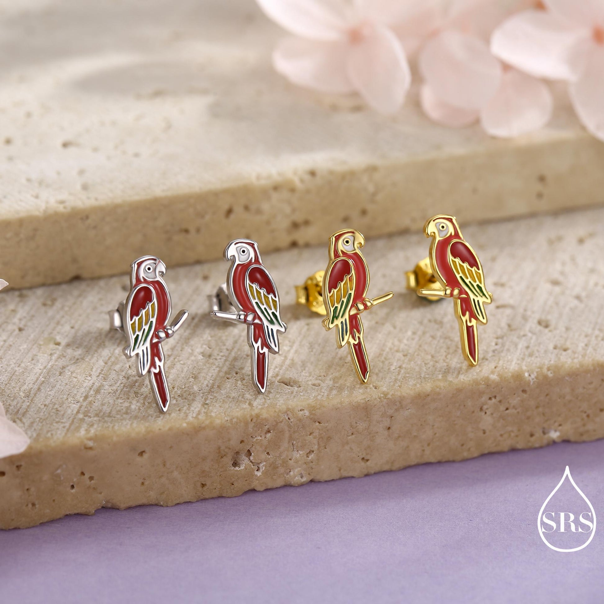 Scarlet Macaw Parrot Bird Stud Earrings in Sterling Silver, Silver or Gold, Bird Earrings, Nature Inspired Animal Earrings