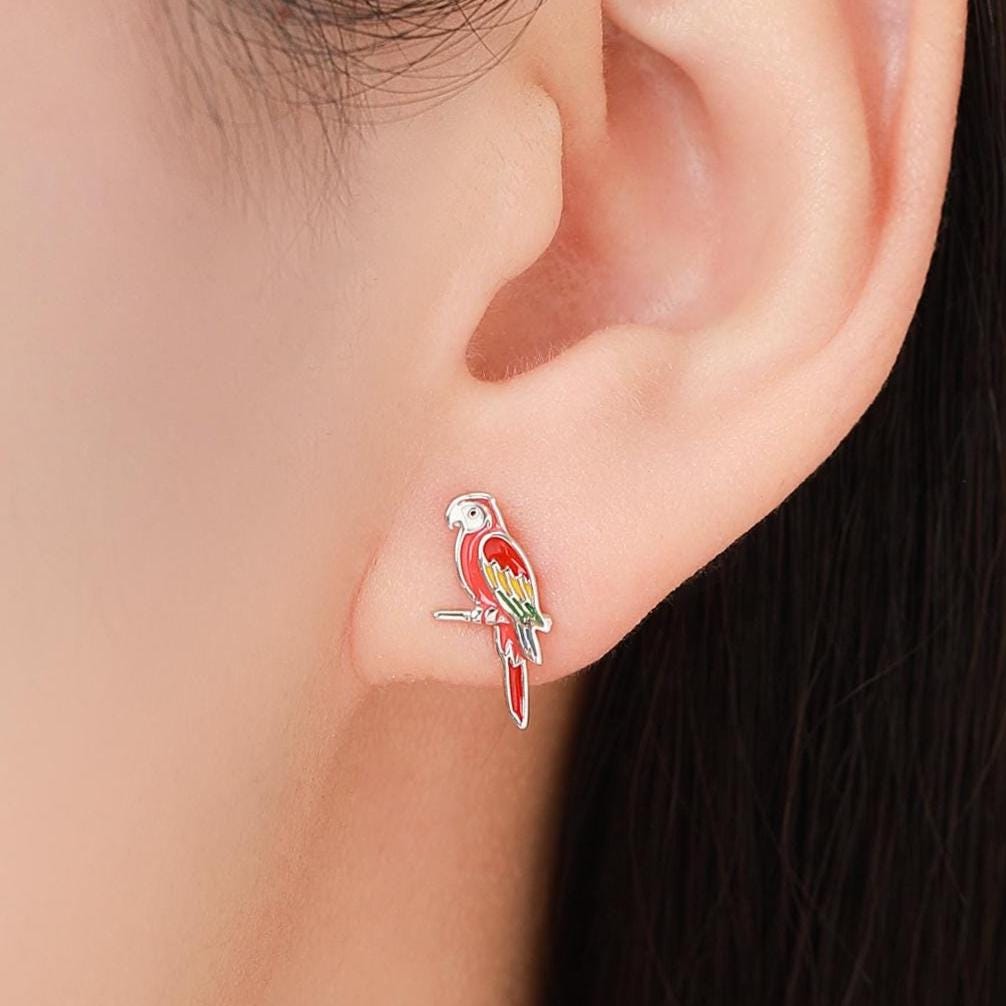 Mismatched Macaw Parrot Bird Stud Earrings in Sterling Silver, Silver or Gold, Asymmetric Bird Earrings, Nature Inspired Animal Earrings