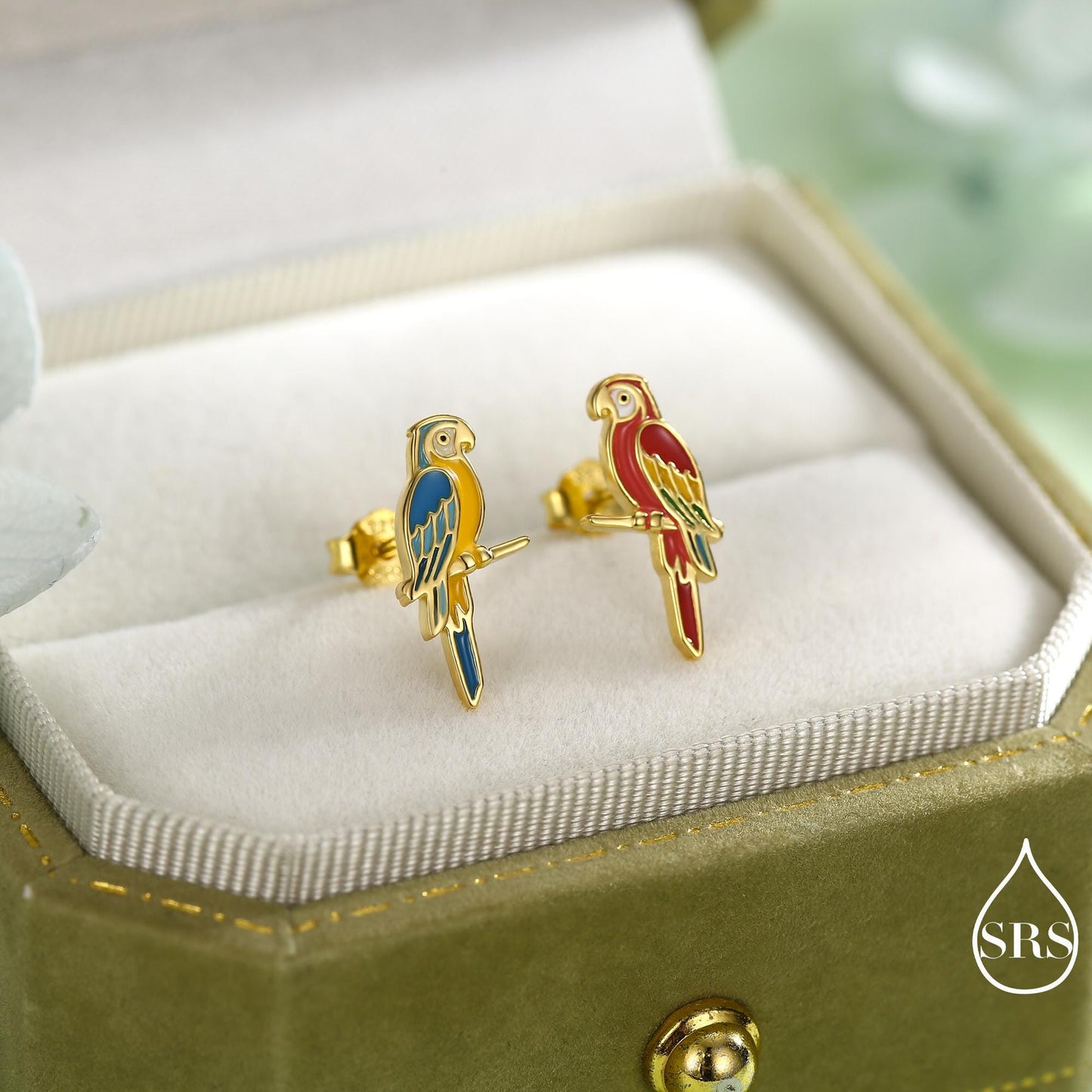 Mismatched Macaw Parrot Bird Stud Earrings in Sterling Silver, Silver or Gold, Asymmetric Bird Earrings, Nature Inspired Animal Earrings