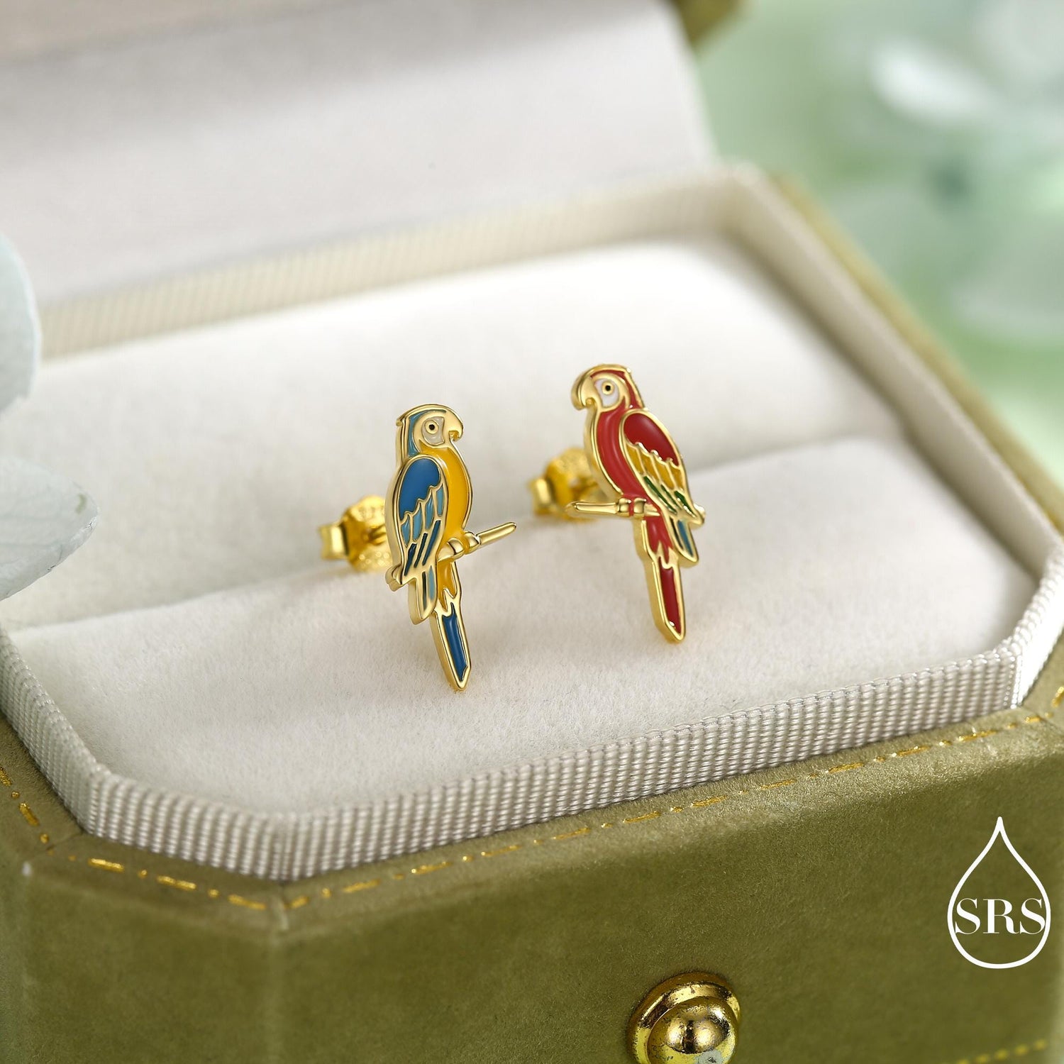 Mismatched Macaw Parrot Bird Stud Earrings in Sterling Silver, Silver or Gold, Asymmetric Bird Earrings, Nature Inspired Animal Earrings