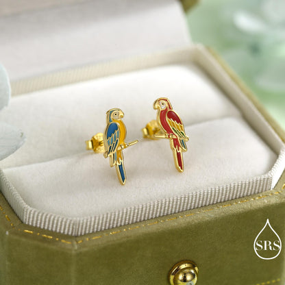 Mismatched Macaw Parrot Bird Stud Earrings in Sterling Silver, Silver or Gold, Asymmetric Bird Earrings, Nature Inspired Animal Earrings