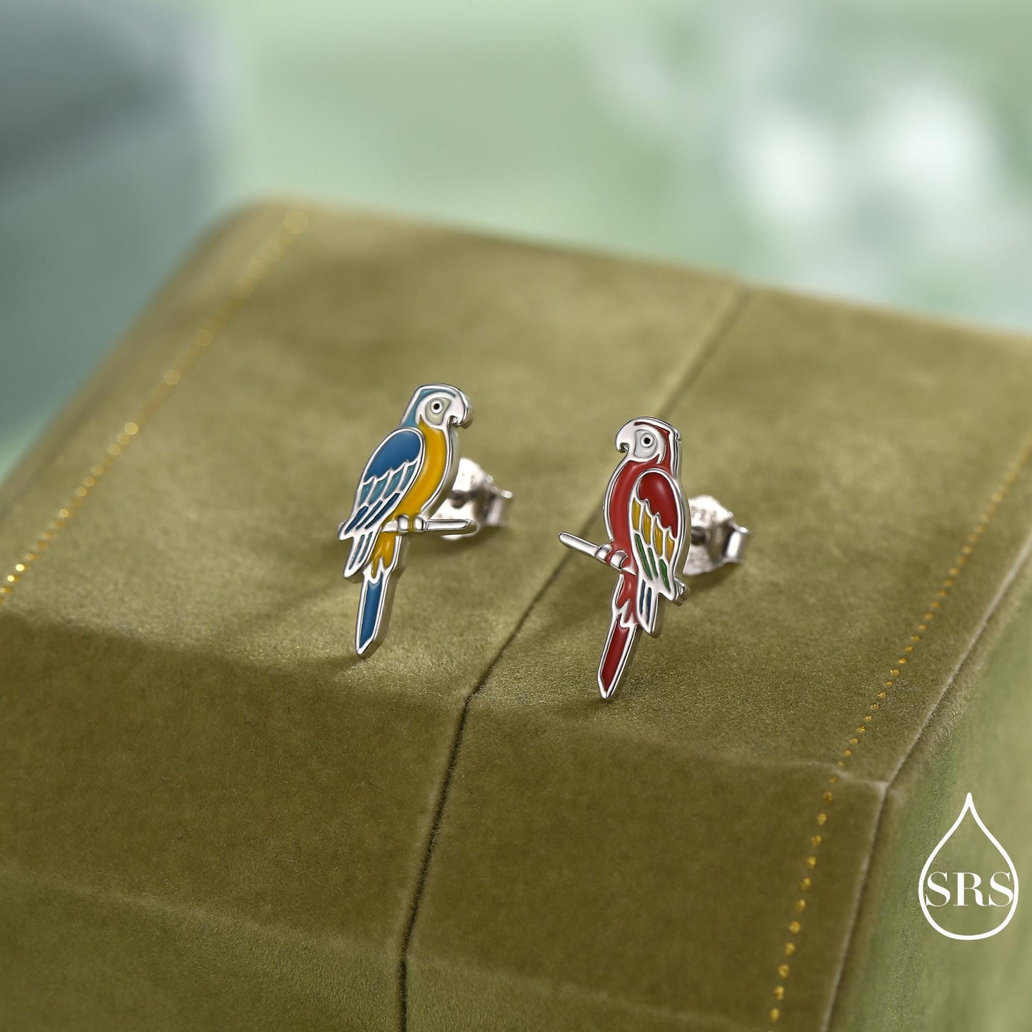 Mismatched Macaw Parrot Bird Stud Earrings in Sterling Silver, Silver or Gold, Asymmetric Bird Earrings, Nature Inspired Animal Earrings