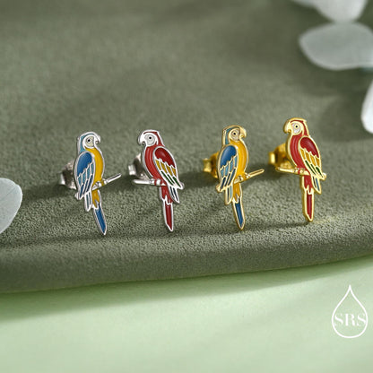 Mismatched Macaw Parrot Bird Stud Earrings in Sterling Silver, Silver or Gold, Asymmetric Bird Earrings, Nature Inspired Animal Earrings