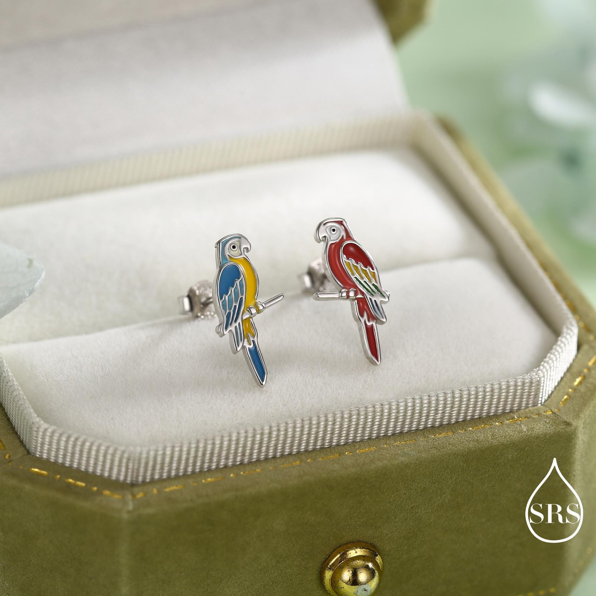 Mismatched Macaw Parrot Bird Stud Earrings in Sterling Silver, Silver or Gold, Asymmetric Bird Earrings, Nature Inspired Animal Earrings