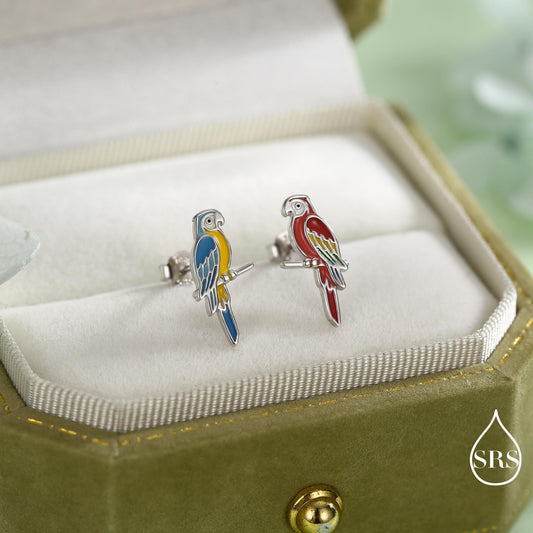 Mismatched Macaw Parrot Bird Stud Earrings in Sterling Silver, Silver or Gold, Asymmetric Bird Earrings, Nature Inspired Animal Earrings