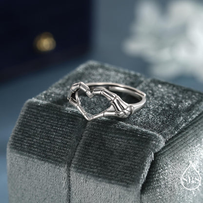 Skeleton Hands Heart Sterling Silver Ring – Gothic Love Collection - Adjustable Size
