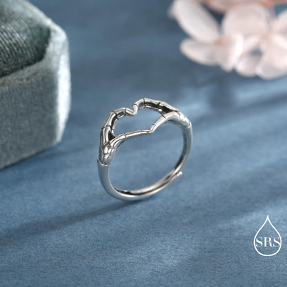 Skeleton Hands Heart Sterling Silver Ring – Gothic Love Collection - Adjustable Size