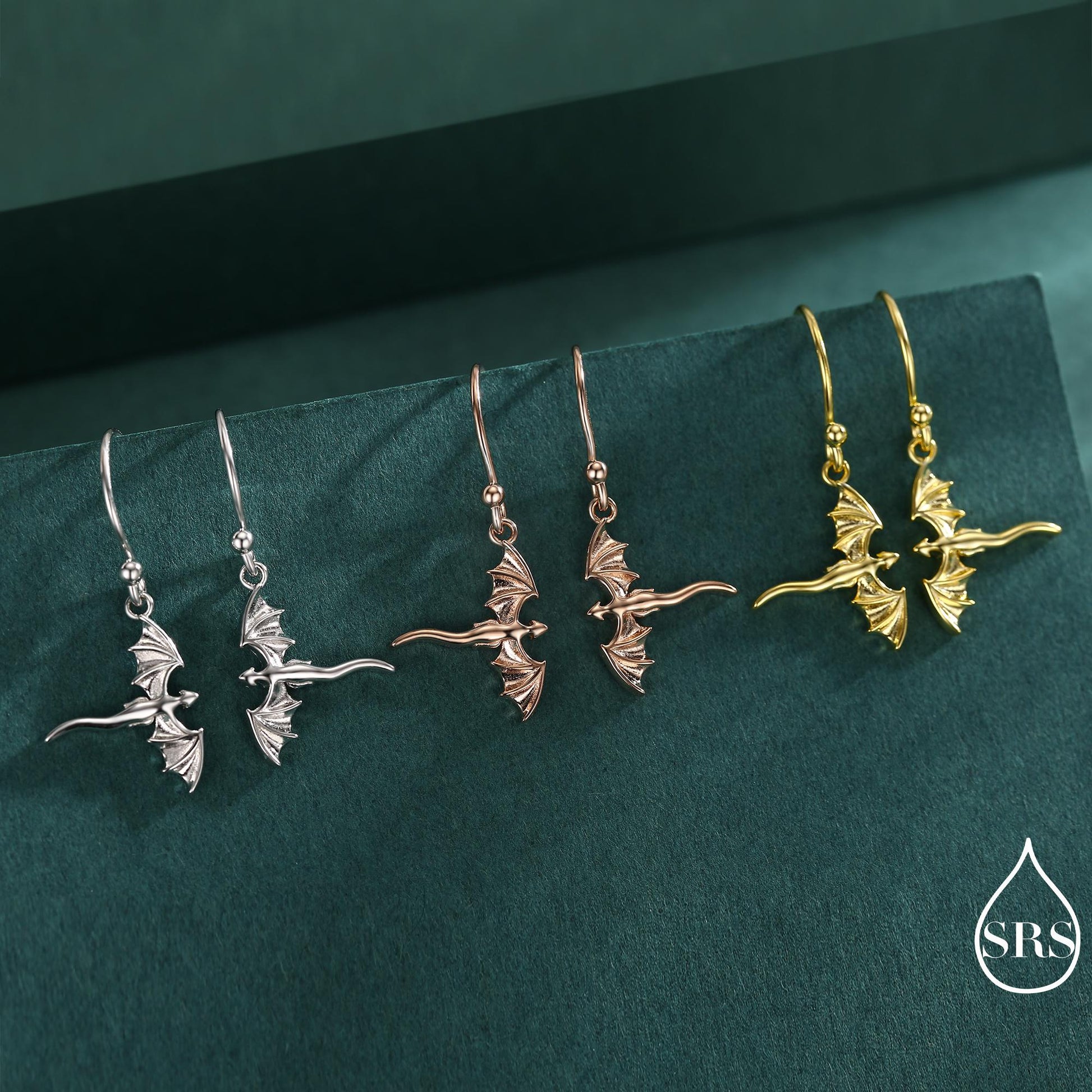 Flying Dragon Drop Hook Earrings in Sterling Silver, Silver, Gold or Rose Gold Finish, Sterling Silver Delicate Dragon Dangle Earrings