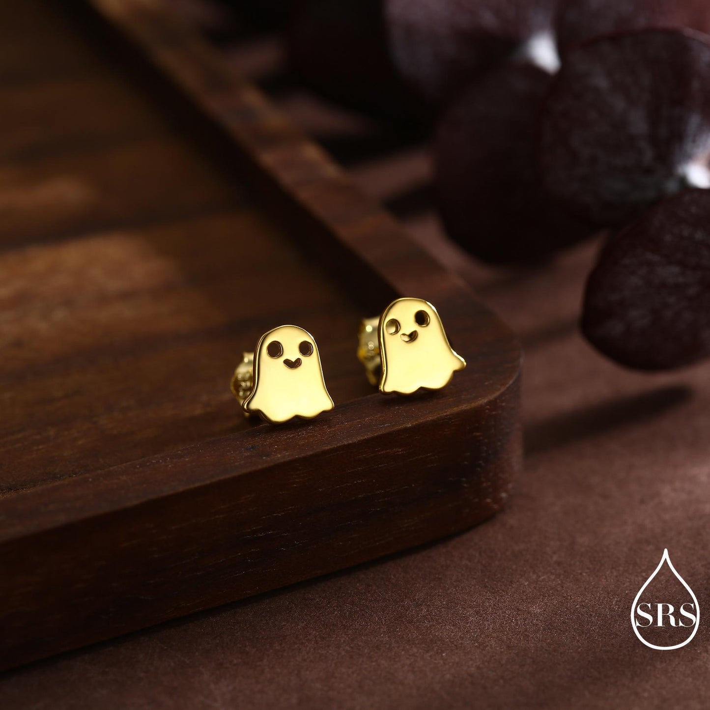 Tiny Little Cute Ghost Internally Threaded Flat Back Earrings in Sterling Silver, Silver, Gold or Rose Gold, Tiny Ghost Screw Back Earrings