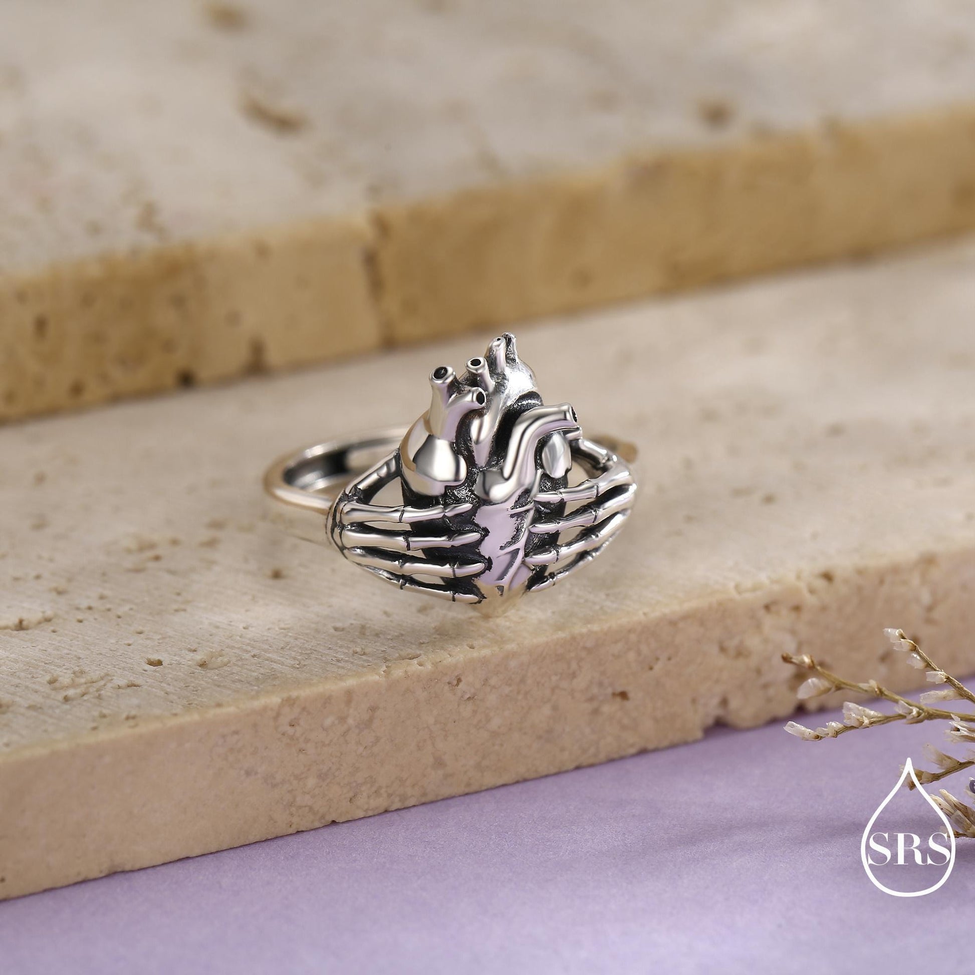 Anatomical Heart & Skeleton Hands Sterling Silver Ring, Oxidised Silver Heart in Hand Ring, Gothic Romantic Ring