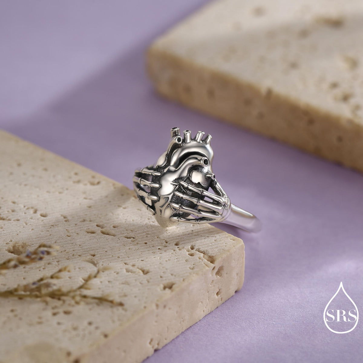 Anatomical Heart & Skeleton Hands Sterling Silver Ring, Oxidised Silver Heart in Hand Ring, Gothic Romantic Ring