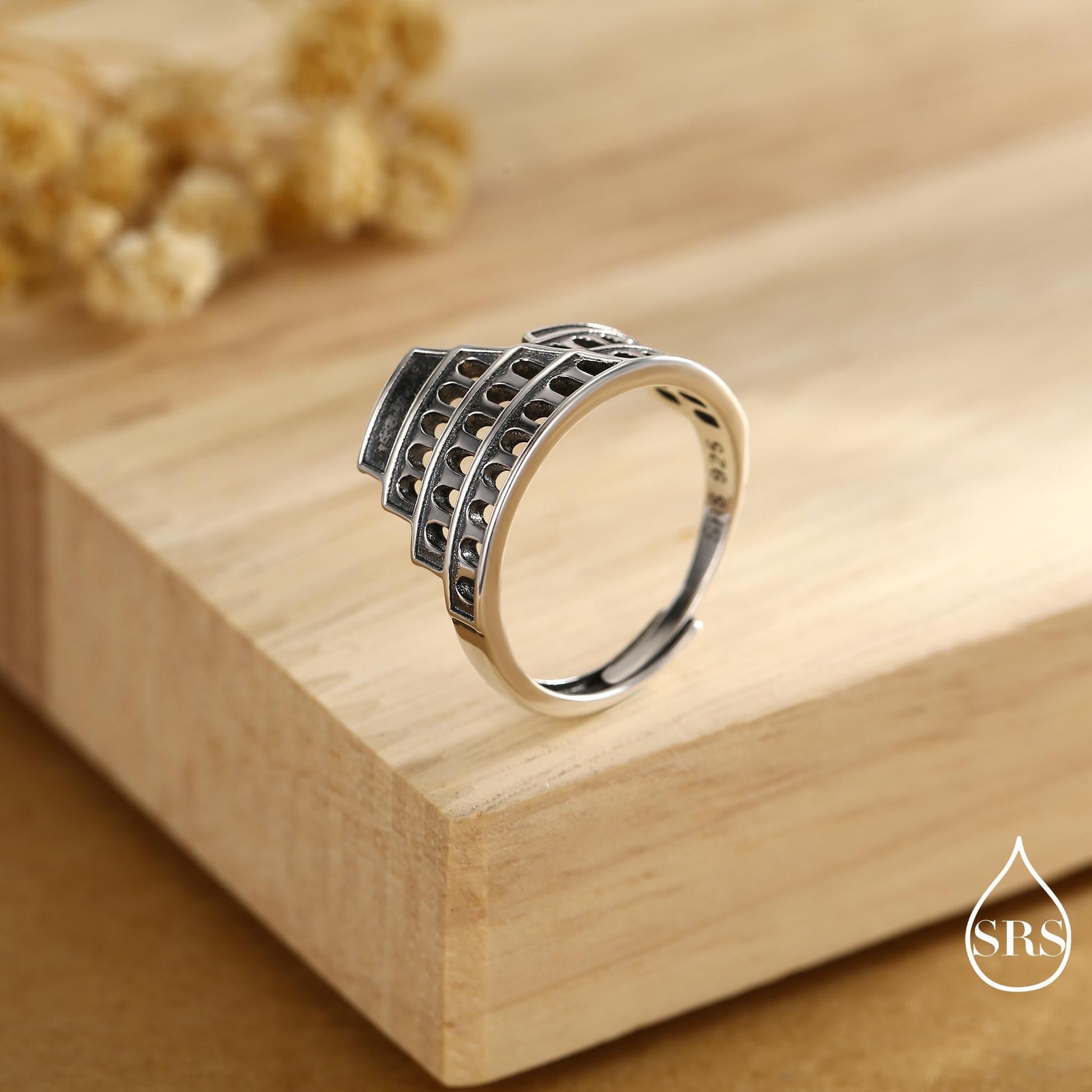 Colosseum Inspired Sterling Silver Adjustable Ring – Ancient Rome Collection - Oxidised Silver Chunky Statement Ring