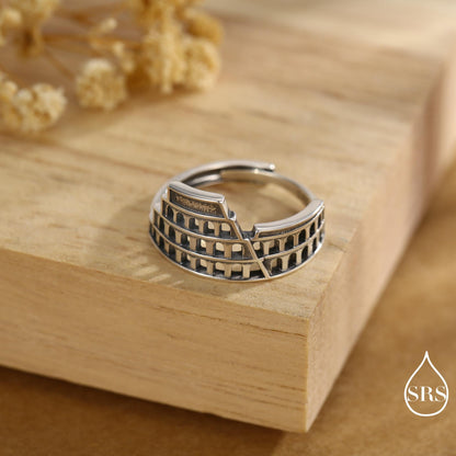 Colosseum Inspired Sterling Silver Adjustable Ring – Ancient Rome Collection - Oxidised Silver Chunky Statement Ring