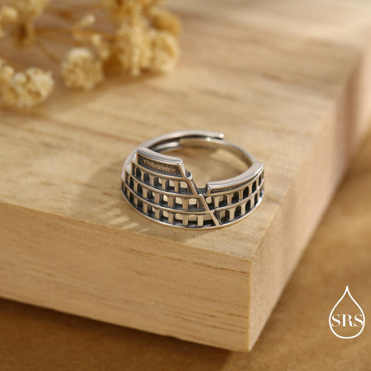 Colosseum Inspired Sterling Silver Adjustable Ring – Ancient Rome Collection - Oxidised Silver Chunky Statement Ring