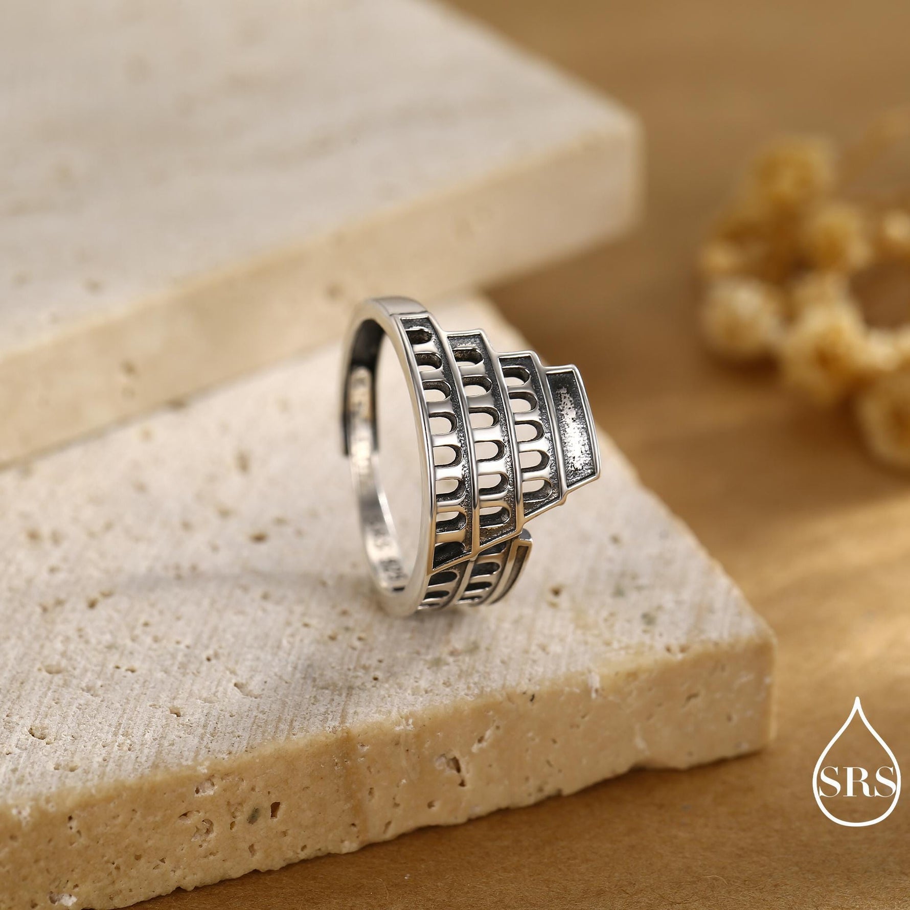 Colosseum Inspired Sterling Silver Adjustable Ring – Ancient Rome Collection - Oxidised Silver Chunky Statement Ring