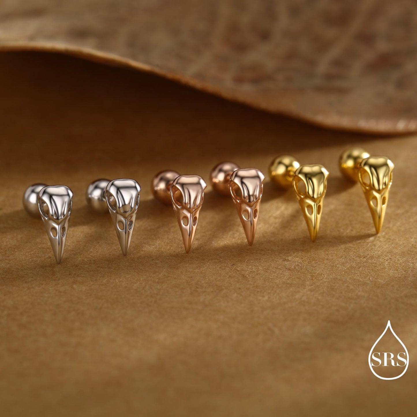 Sterling Silver Bird Skull Internally Threaded Flat Back / Screw Back / Stud Earrings, Silver, Gold or Rose Gold, Bird Skeleton Earrings