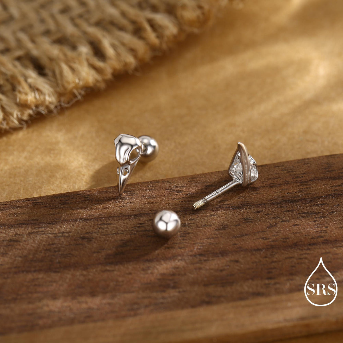Sterling Silver Bird Skull Screw Back / Flat Back / Stud Earrings, Silver, Gold or Rose Gold, Bird Skeleton Earrings in Sterling Silver