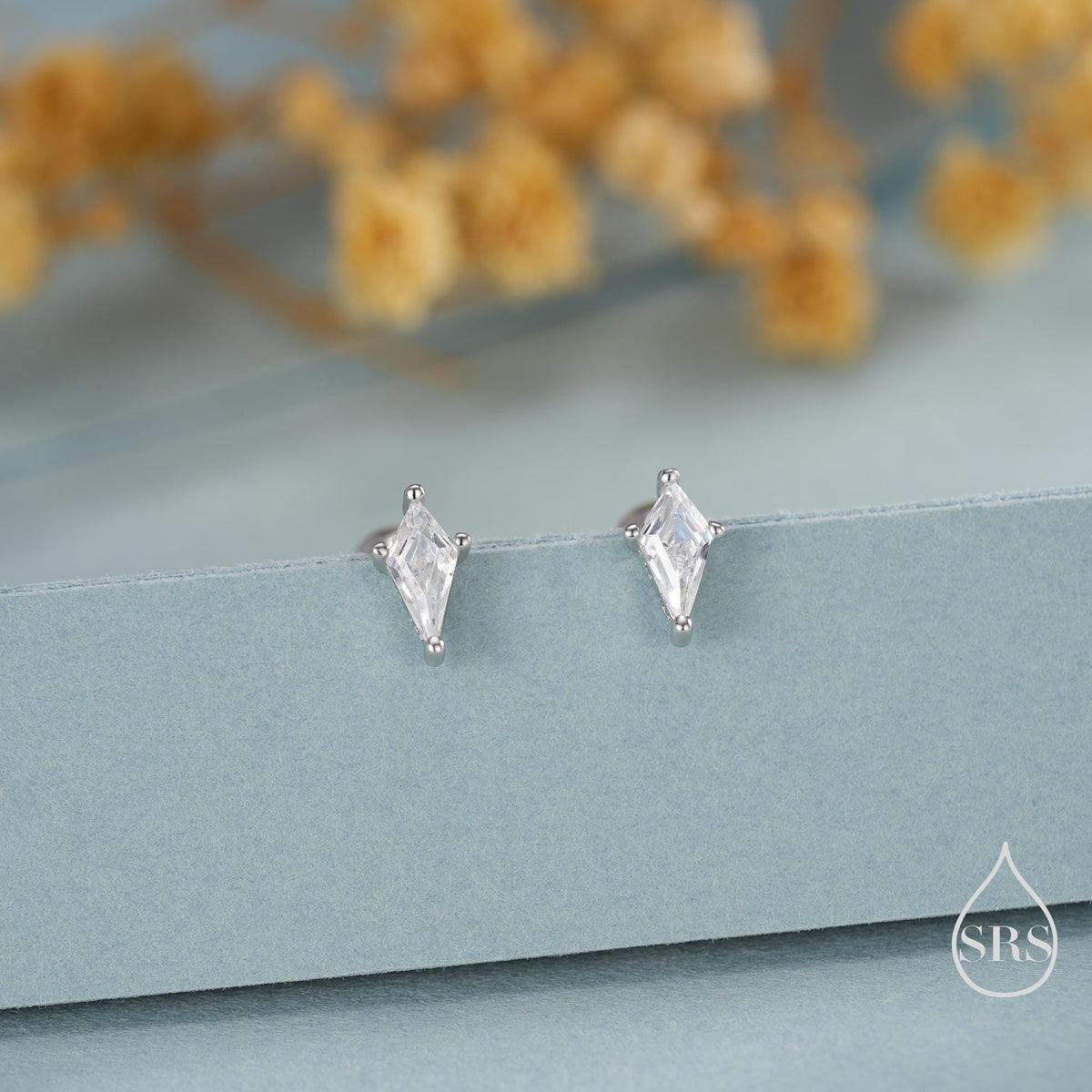 Rhombus CZ Screwback / Flat Back/ Stud Earrings in Sterling Silver, Silver or Gold, Kite Shape Crystal Earrings, Geometric Minimalist Design