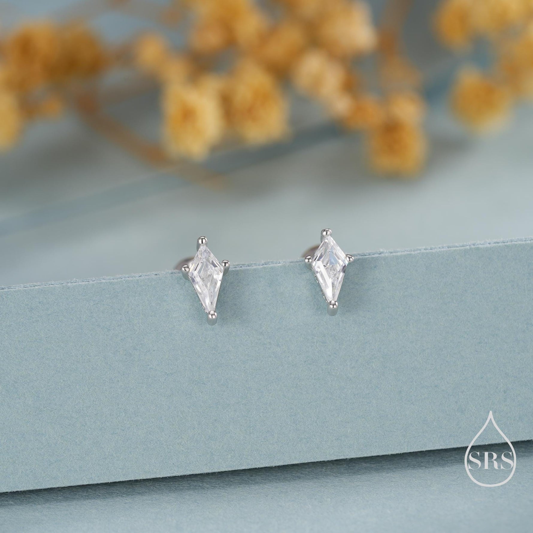 Rhombus CZ Screwback / Flat Back/ Stud Earrings in Sterling Silver, Silver or Gold, Kite Shape Crystal Earrings, Geometric Minimalist Design