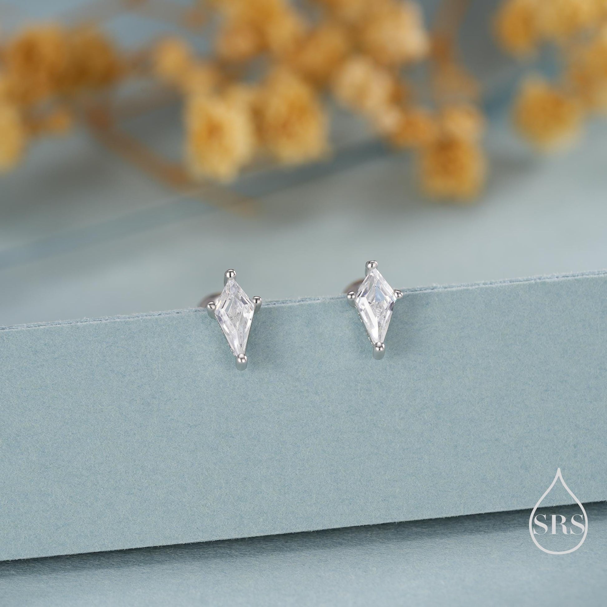 Extra Tiny Rhombus CZ Stud Earrings in Sterling Silver, Silver or Gold, Kite Shape Crystal Earrings, Geometric Minimalist Design