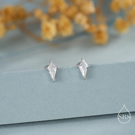 Extra Tiny Rhombus CZ Stud Earrings in Sterling Silver, Silver or Gold, Kite Shape Crystal Earrings, Geometric Minimalist Design