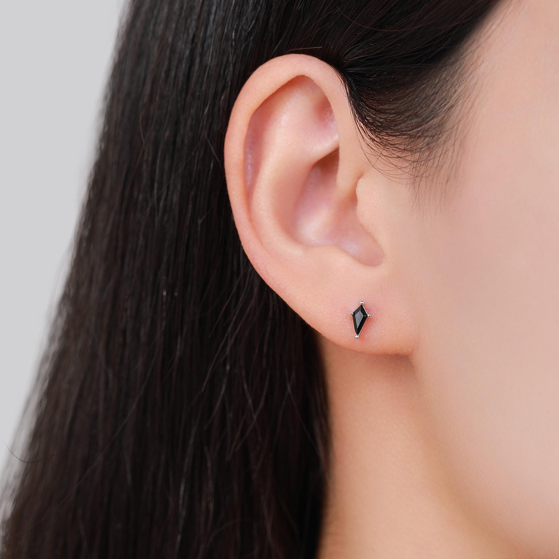 Extra Tiny Black CZ Rhombus Stud Earrings in Sterling Silver, Silver or Gold, Kite Shape Crystal Earrings, Stacking Earrings