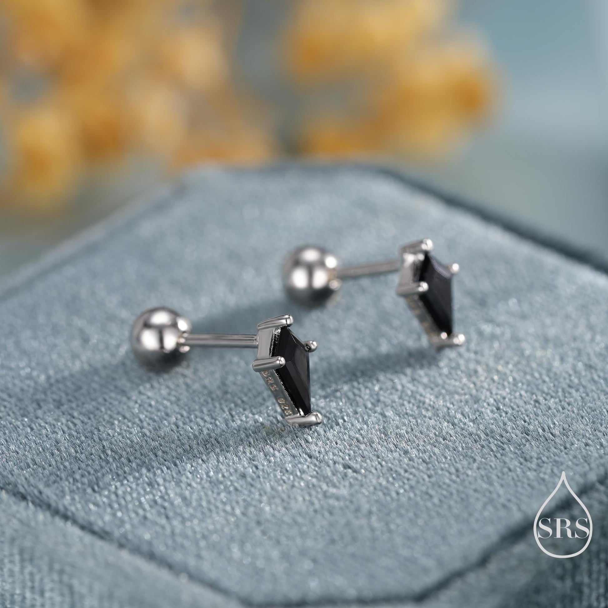Black CZ Rhombus Flat Back/ Screw Back/ Stud Earrings in Sterling Silver, Silver or Gold, Kite Shape Crystal Earrings, Stacking Earrings