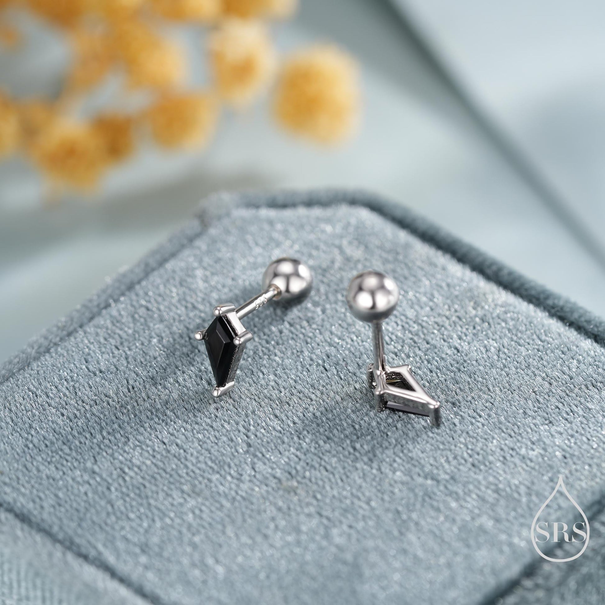 Black CZ Rhombus Screw Back /Flat Back/ Stud Earrings in Sterling Silver, Silver or Gold, Kite Shape Crystal Earrings, Stacking Earrings