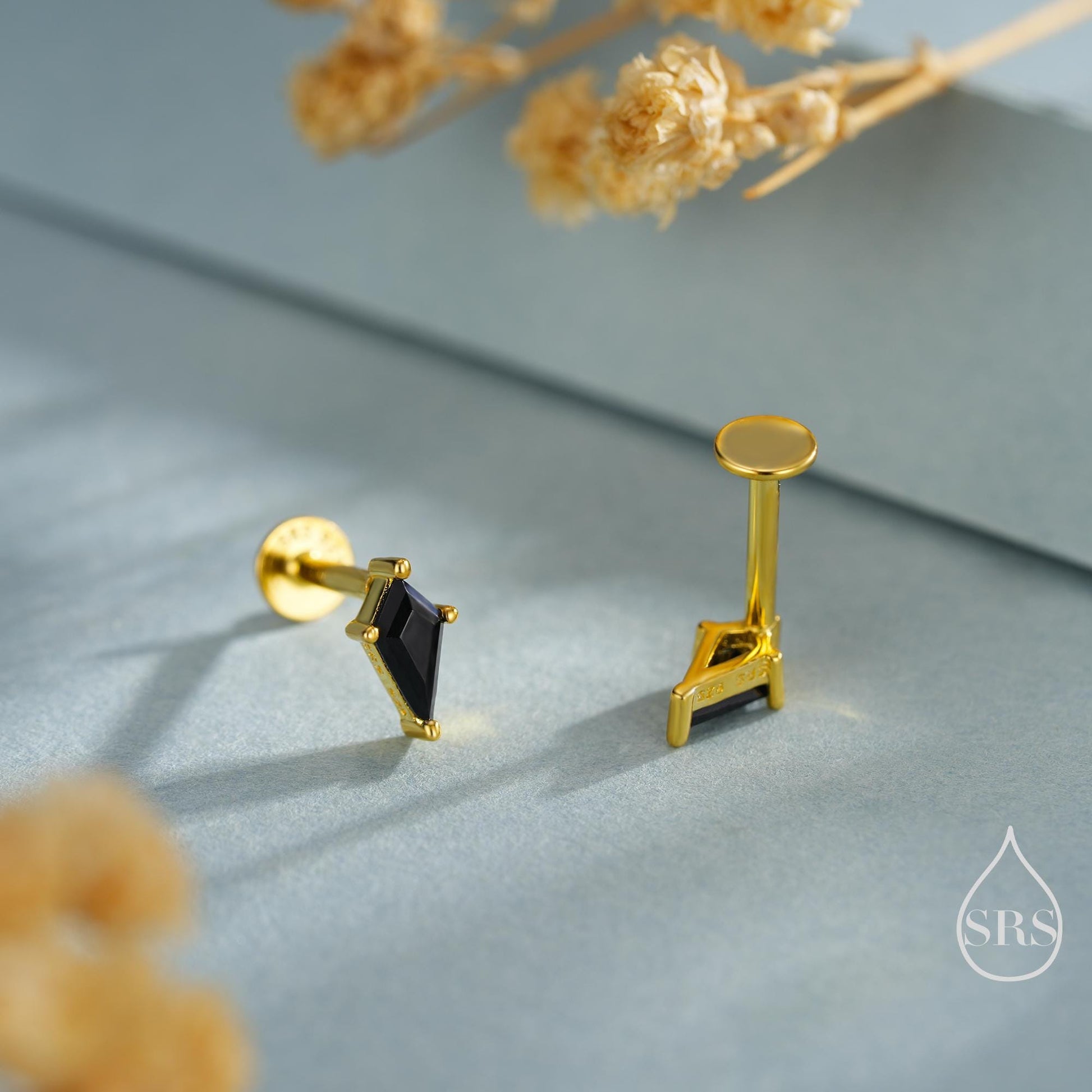 Black CZ Rhombus Flat Back/ Screw Back/ Stud Earrings in Sterling Silver, Silver or Gold, Kite Shape Crystal Earrings, Stacking Earrings