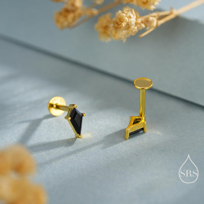 Black CZ Rhombus Flat Back/ Screw Back/ Stud Earrings in Sterling Silver, Silver or Gold, Kite Shape Crystal Earrings, Stacking Earrings