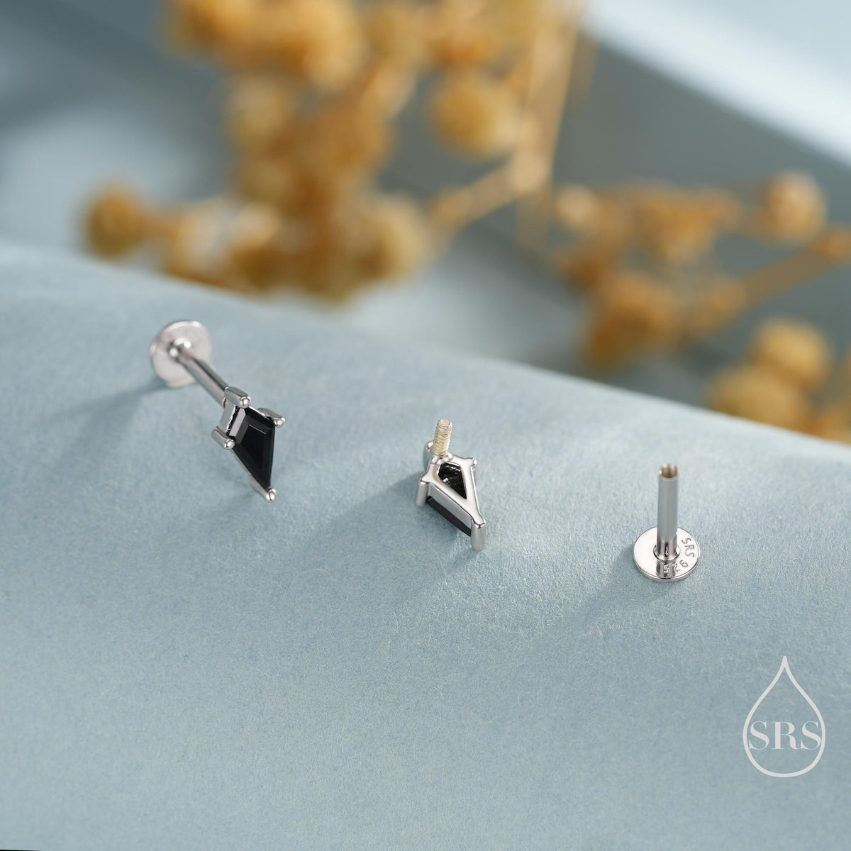 Black CZ Rhombus 16G Internally Threaded Flat Back Earrings in Sterling Silver