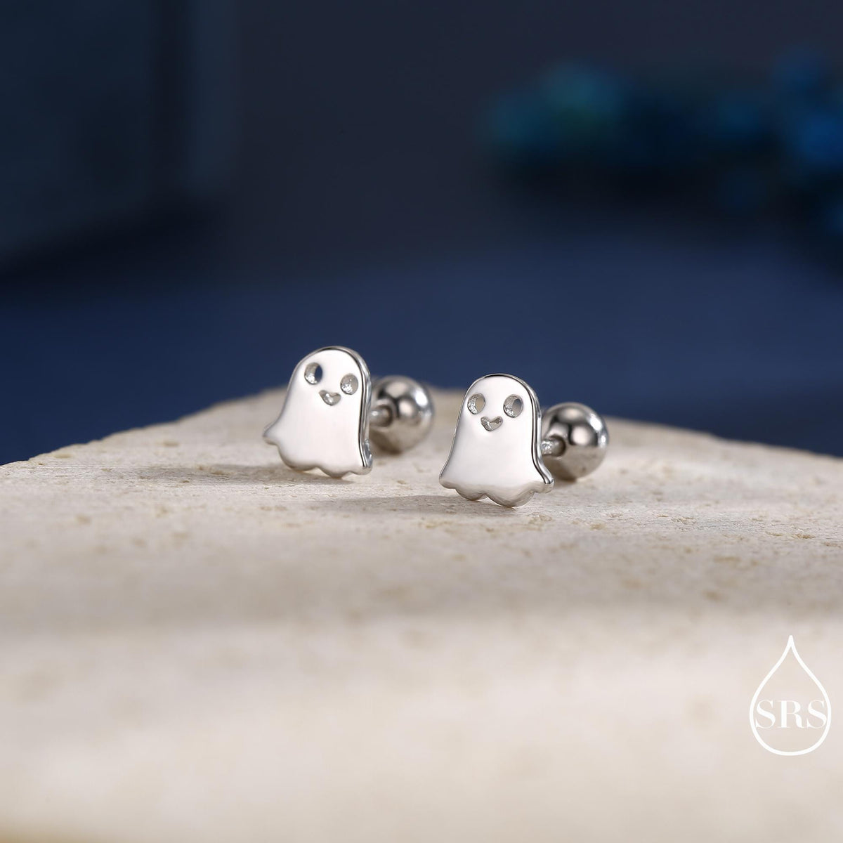 Tiny Little Cute Ghost 18G Screw Back Earrings in Sterling Silver