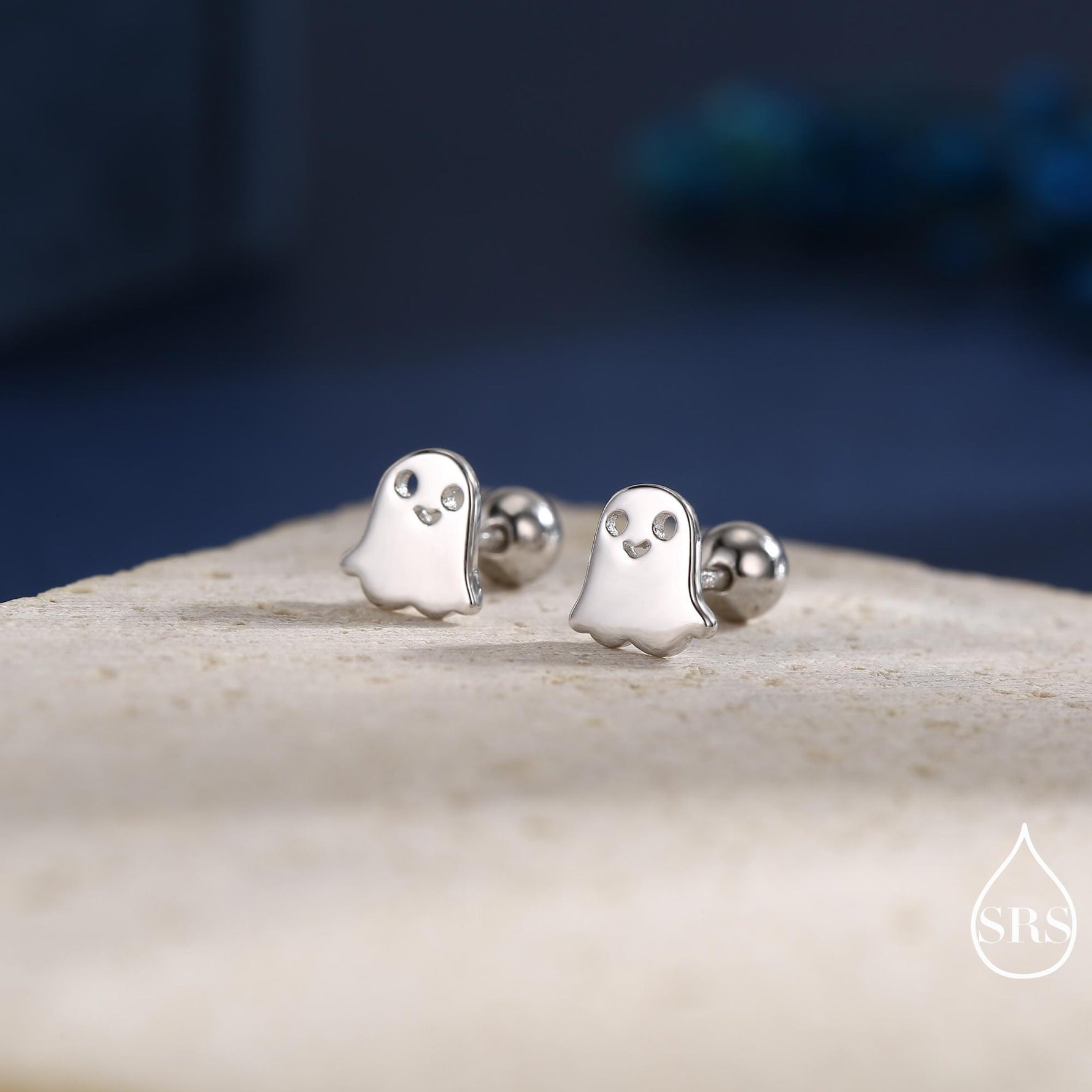 Tiny Little Cute Ghost 18G Screw Back Earrings in Sterling Silver