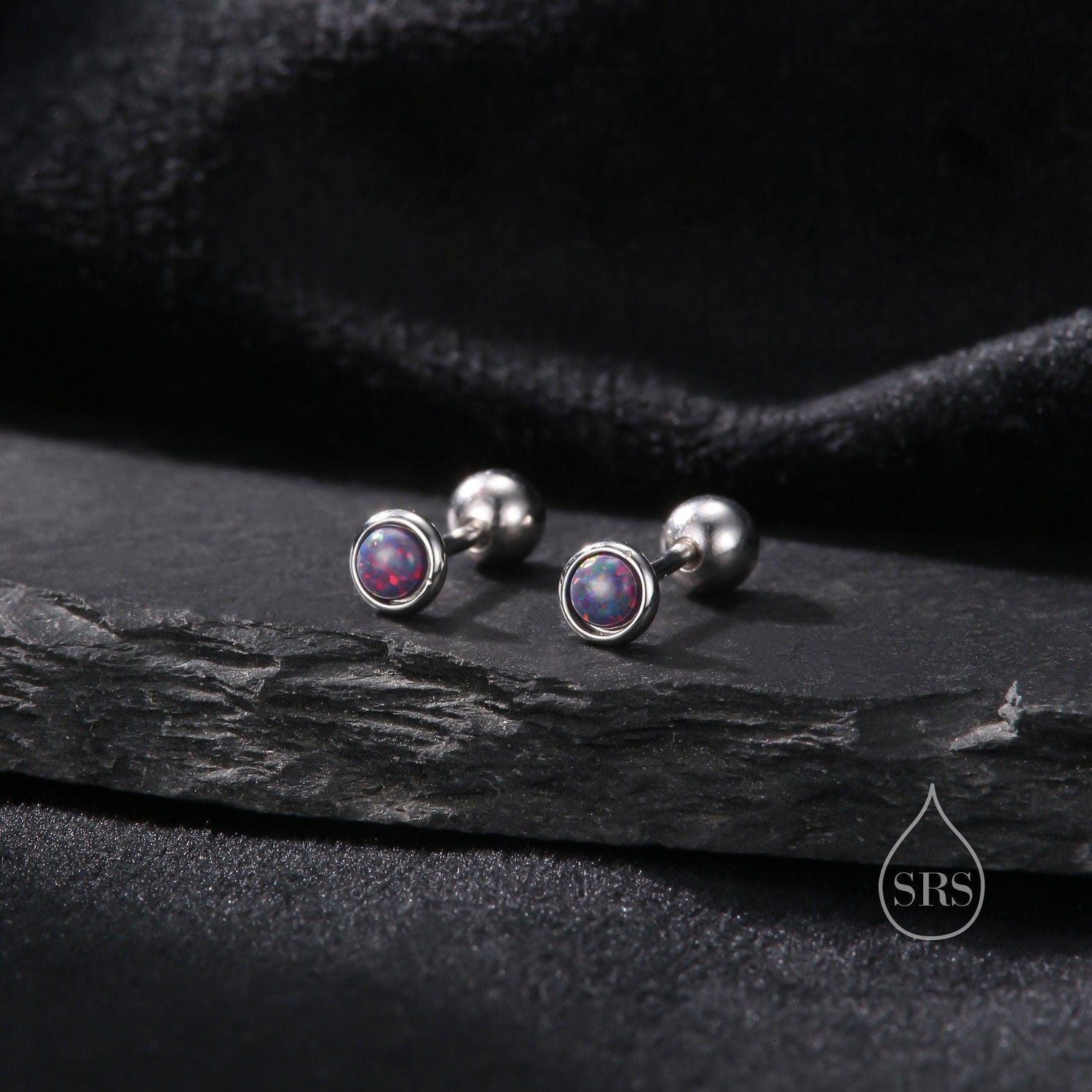 Tiny 3mm Dark Purple Opal Screw Back Earrings in Sterling Silver, Small Opal Stud, Comsic Purple Opal Screw Back Earrings, Fire Opal