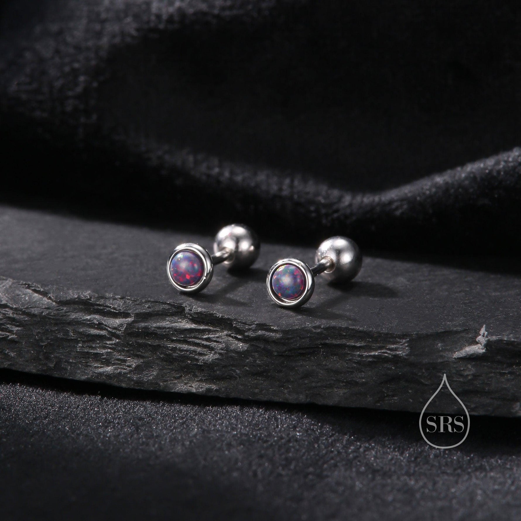 Tiny 3mm Dark Purple Opal Screw Back Earrings in Sterling Silver, Small Opal Stud, Comsic Purple Opal Screw Back Earrings, Fire Opal
