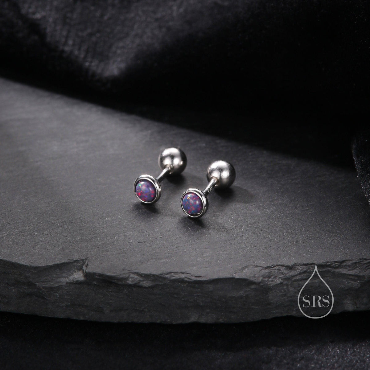 Tiny 3mm Dark Purple Opal Screw Back Earrings in Sterling Silver, Small Opal Stud, Comsic Purple Opal Screw Back Earrings, Fire Opal