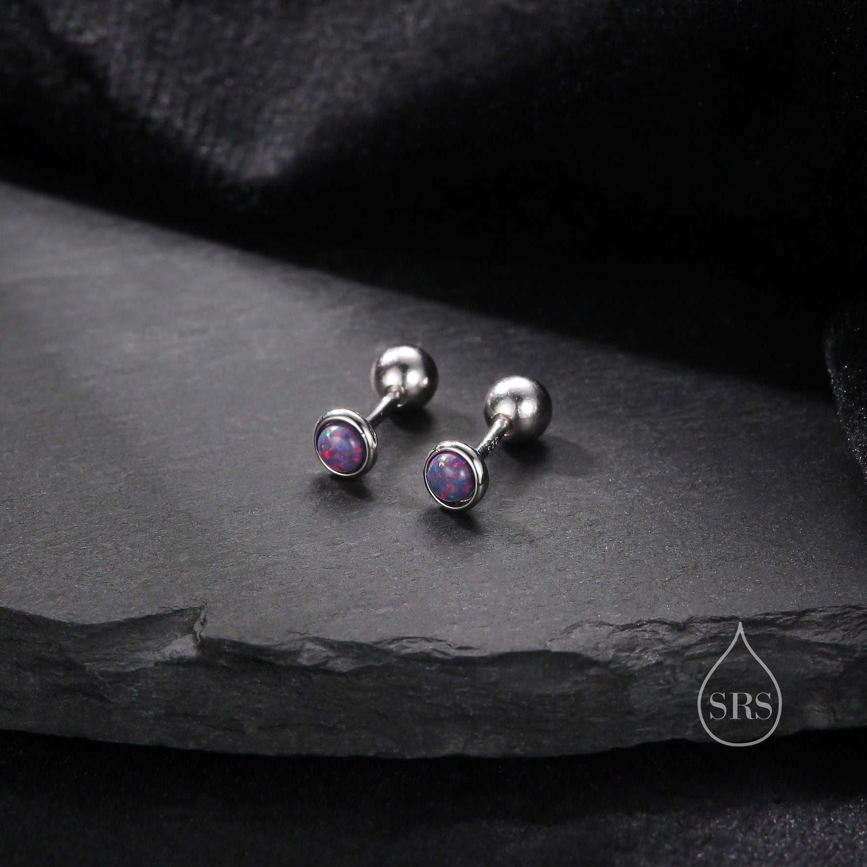 Tiny 3mm Dark Purple Opal Screw Back Earrings in Sterling Silver, Small Opal Stud, Comsic Purple Opal Screw Back Earrings, Fire Opal