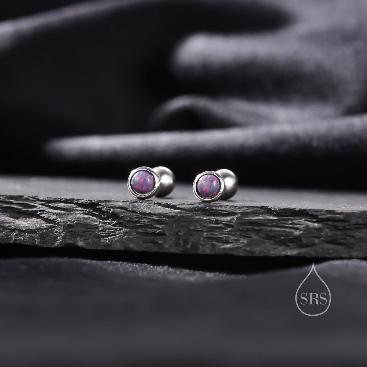 Tiny 3mm Dark Purple Opal Screw Back Earrings in Sterling Silver, Small Opal Stud, Comsic Purple Opal Screw Back Earrings, Fire Opal