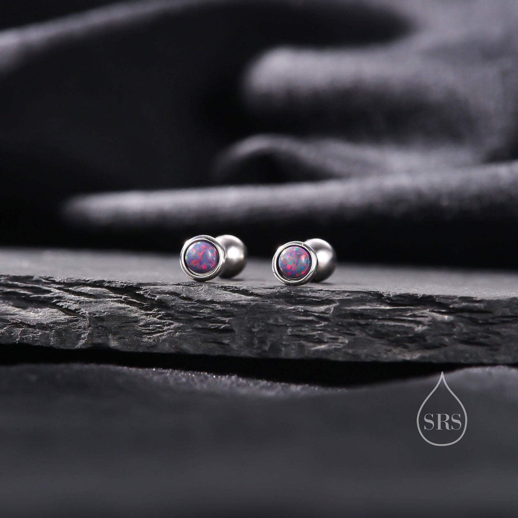 Tiny 3mm Dark Purple Opal Screw Back Earrings in Sterling Silver, Small Opal Stud, Comsic Purple Opal Screw Back Earrings, Fire Opal