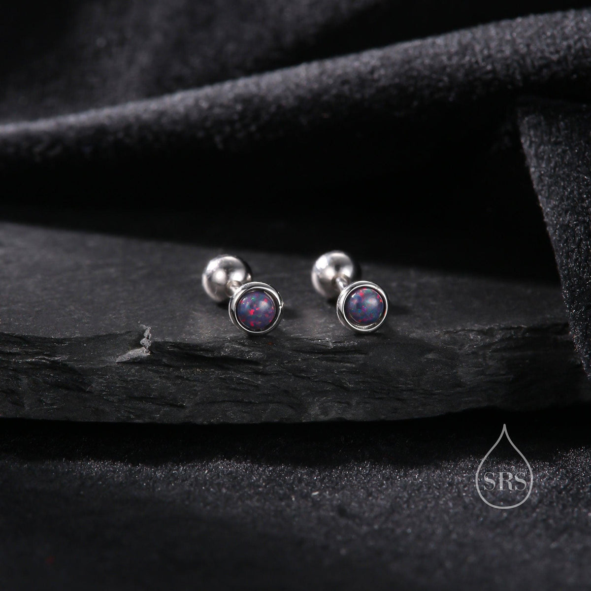 Tiny 3mm Dark Purple Opal Screw Back Earrings in Sterling Silver, Small Opal Stud, Comsic Purple Opal Screw Back Earrings, Fire Opal