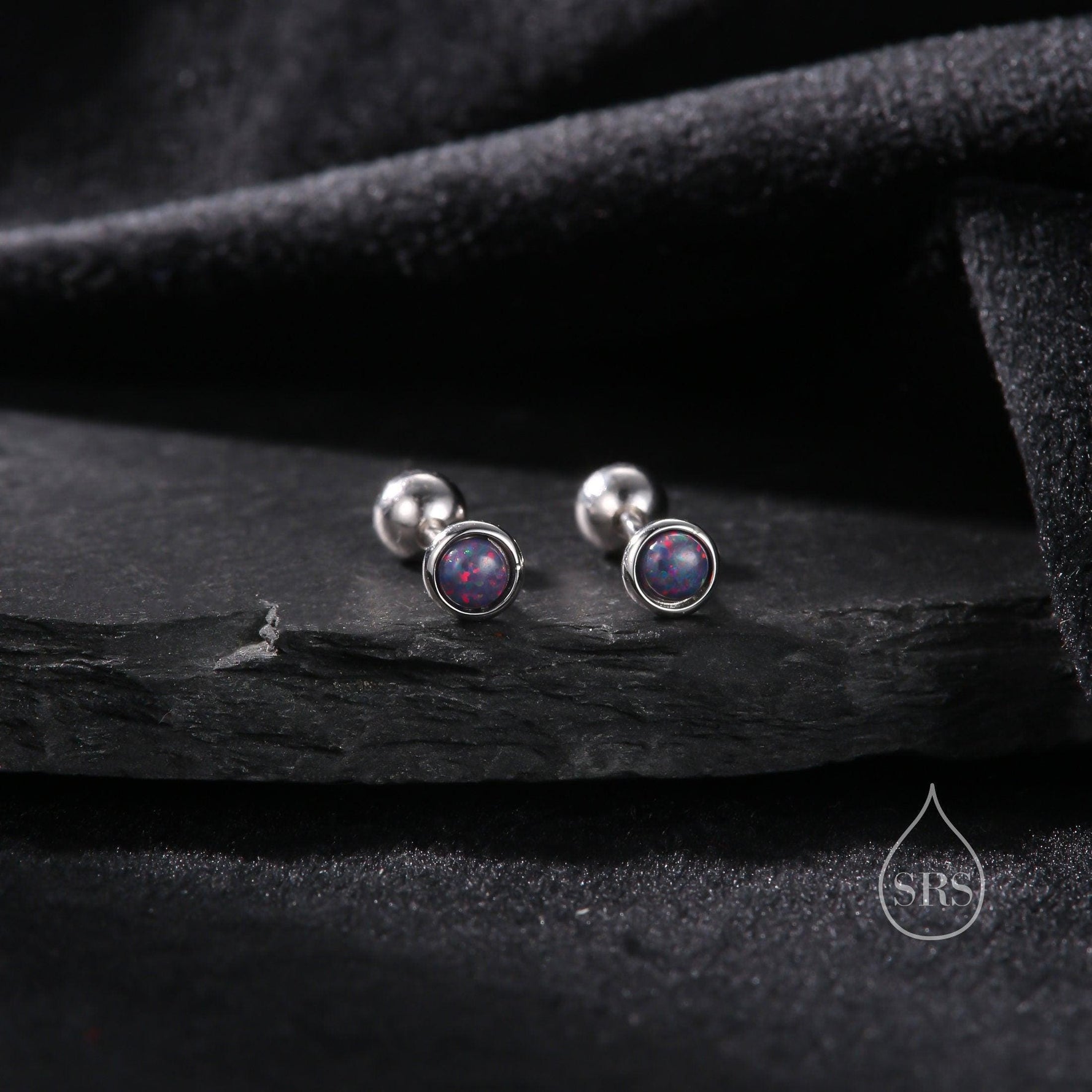 Tiny 3mm Dark Purple Opal Screw Back Earrings in Sterling Silver, Small Opal Stud, Comsic Purple Opal Screw Back Earrings, Fire Opal
