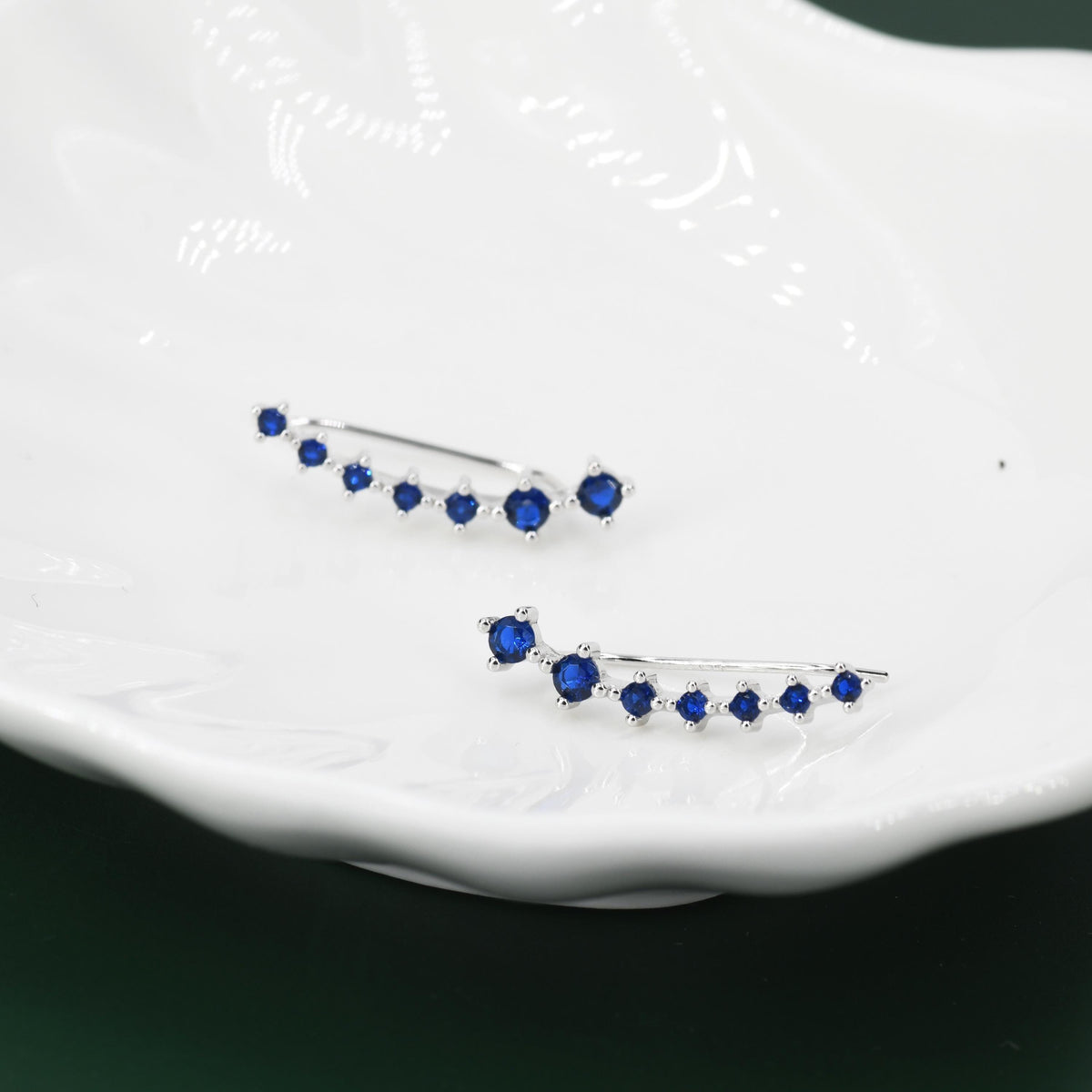 Sterling Silver Sapphire Blue CZ Ear Crawler Earrings, Silver Blue Climber Earrings, CZ Ear Climbers