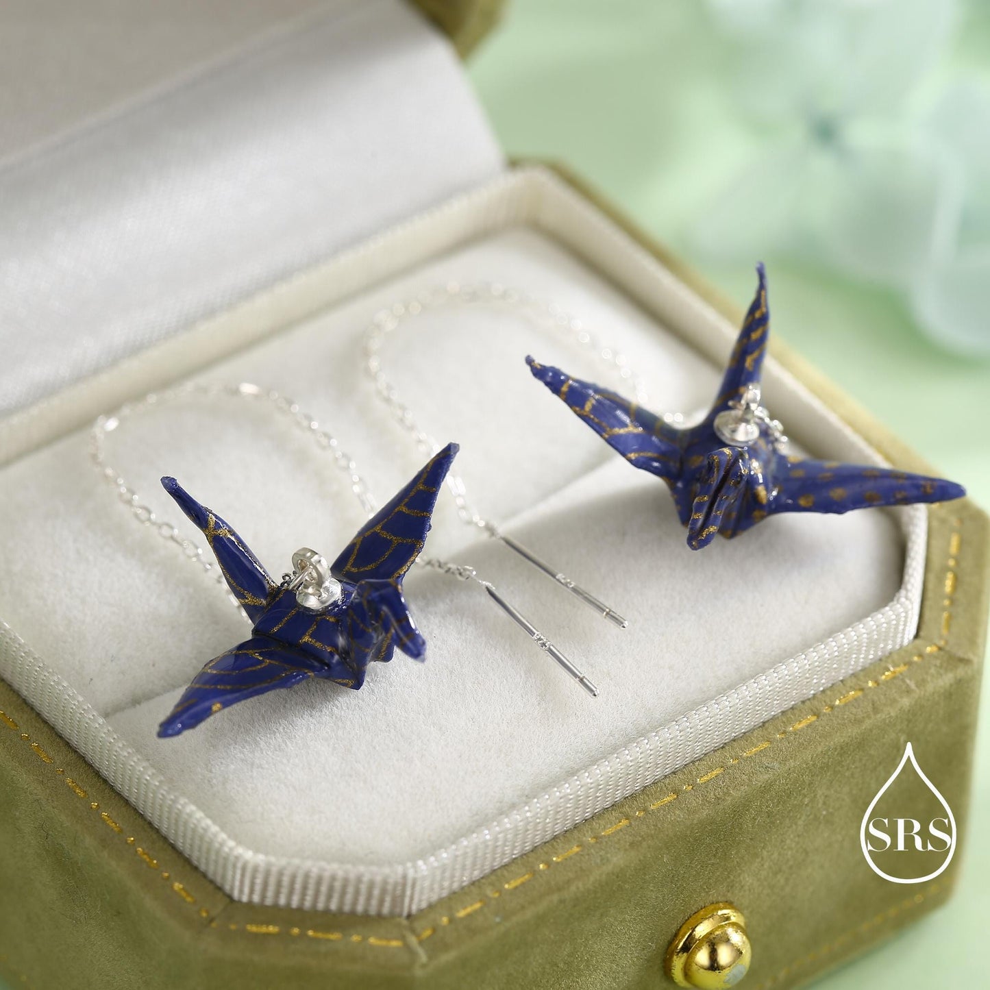 Japanese Paper Origami Crane Threader Earrings in Sterling Silver, Resin Sealed Genuine Japanese Washi Paper, Blue, Long Lasting Earrings