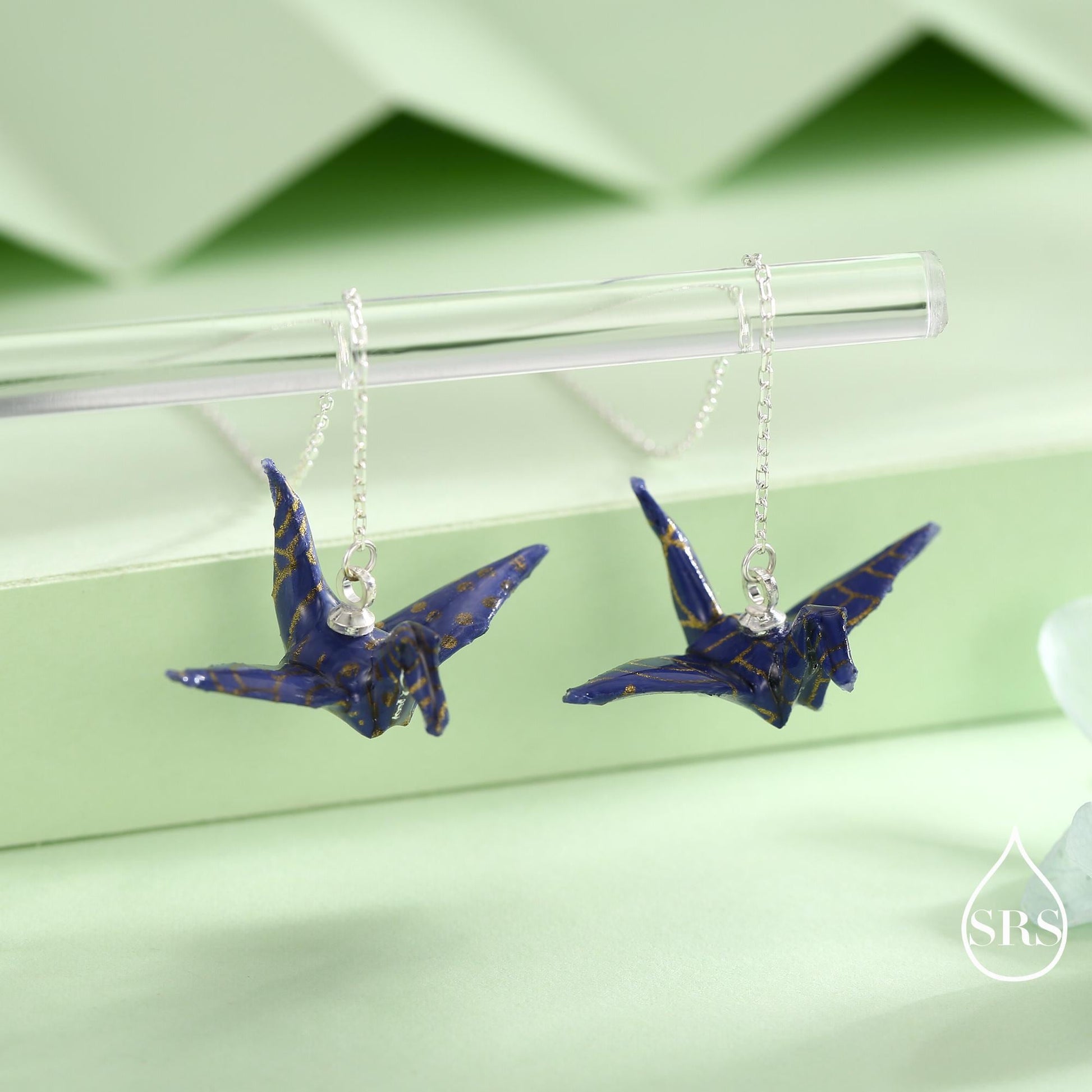 Japanese Paper Origami Crane Threader Earrings in Sterling Silver, Resin Sealed Genuine Japanese Washi Paper, Blue, Long Lasting Earrings
