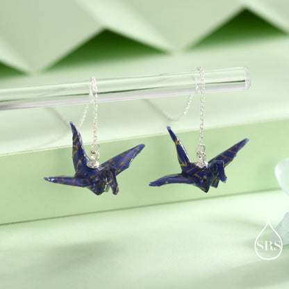 Japanese Paper Origami Crane Threader Earrings in Sterling Silver, Resin Sealed Genuine Japanese Washi Paper, Blue, Long Lasting Earrings