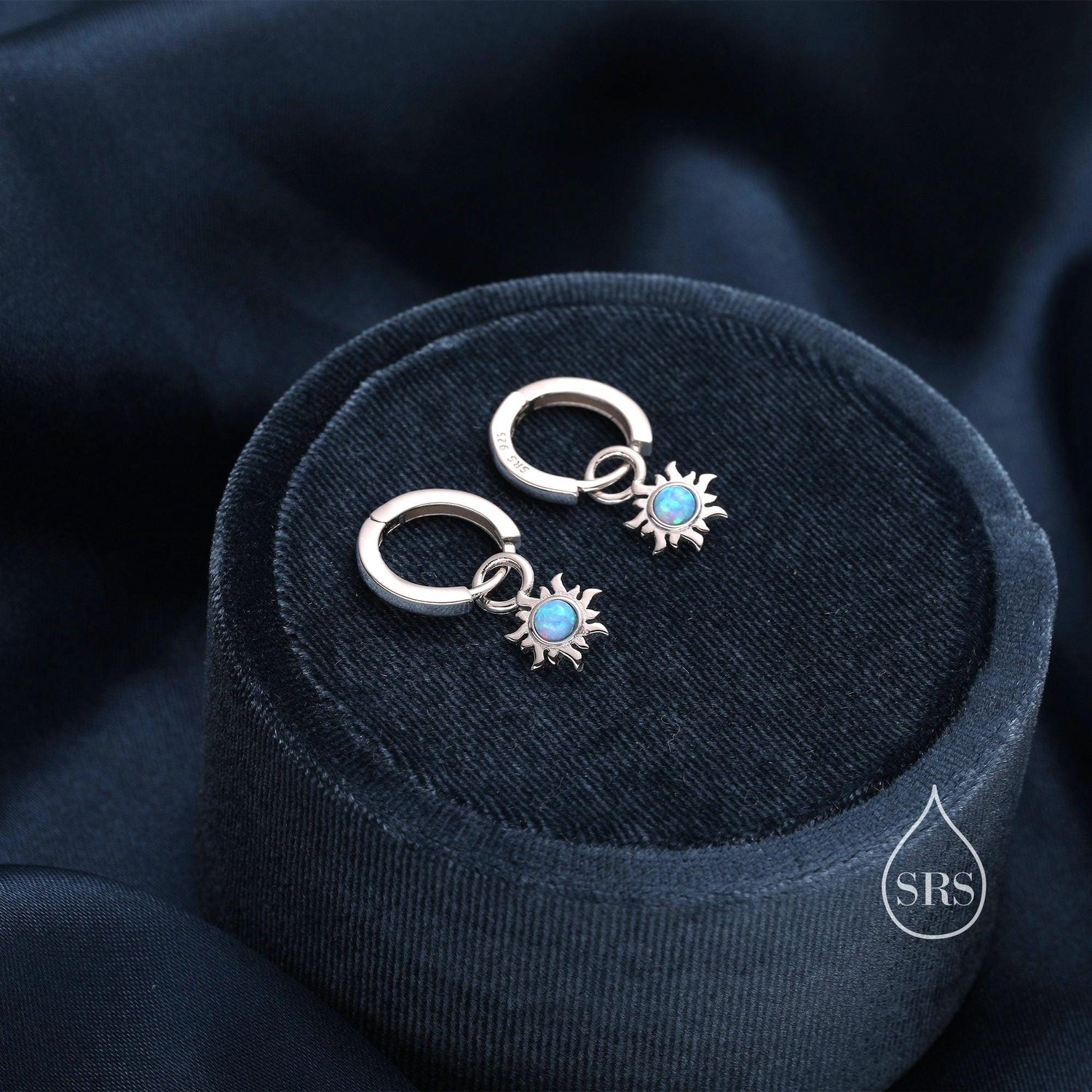Blue Opal Sun Dangle Huggie Hoop Earrings in Sterling Silver, Silver or Gold, Sun Earrings, Celestial Earrings, Detachable Blue Opal Sun
